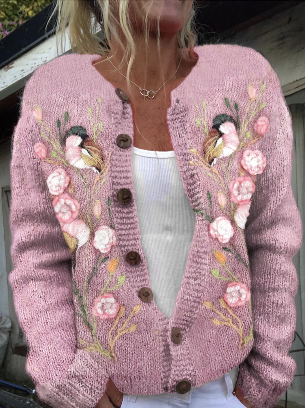 Women Knitted Floral Long Sleeve Comfy Casual Cardigan