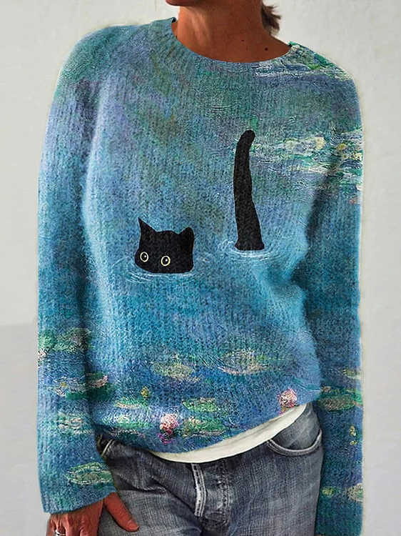 Women Knitted Cute Cat 3D Printing Long Sleeve Comfy Casual Sweater