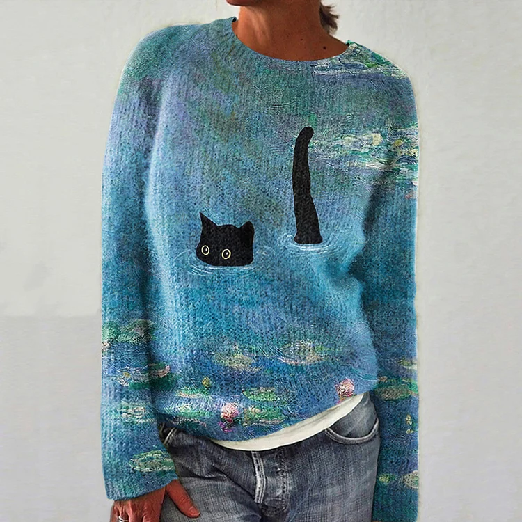 Women Knitted Cute Cat 3D Printing Long Sleeve Comfy Casual Sweater