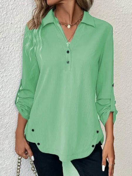 Notched Long Sleeve Plain Regular Micro-Elasticity Loose Blouse For Women