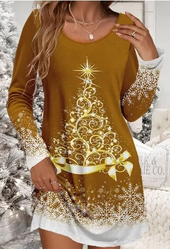 Women Christmas Crew Neck Long Sleeve Comfy Casual Mini Dress