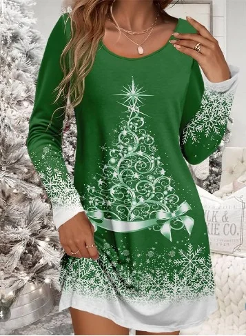 Women Christmas Crew Neck Long Sleeve Comfy Casual Mini Dress