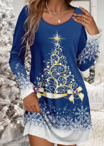 Women Christmas Crew Neck Long Sleeve Comfy Casual Mini Dress