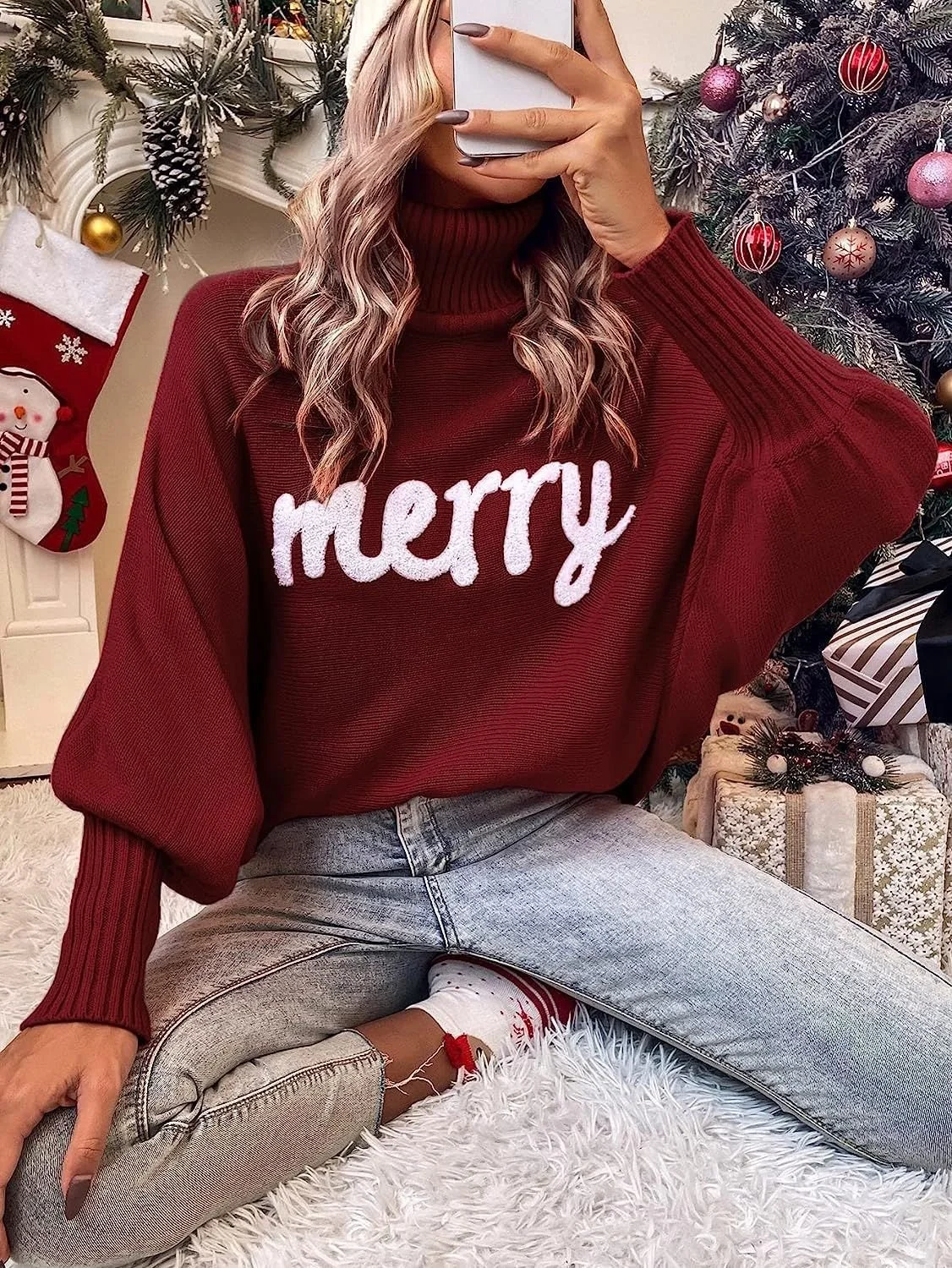 Women Yarn/Wool Yarn Text Letters Long Sleeve Comfy Casual Sweater