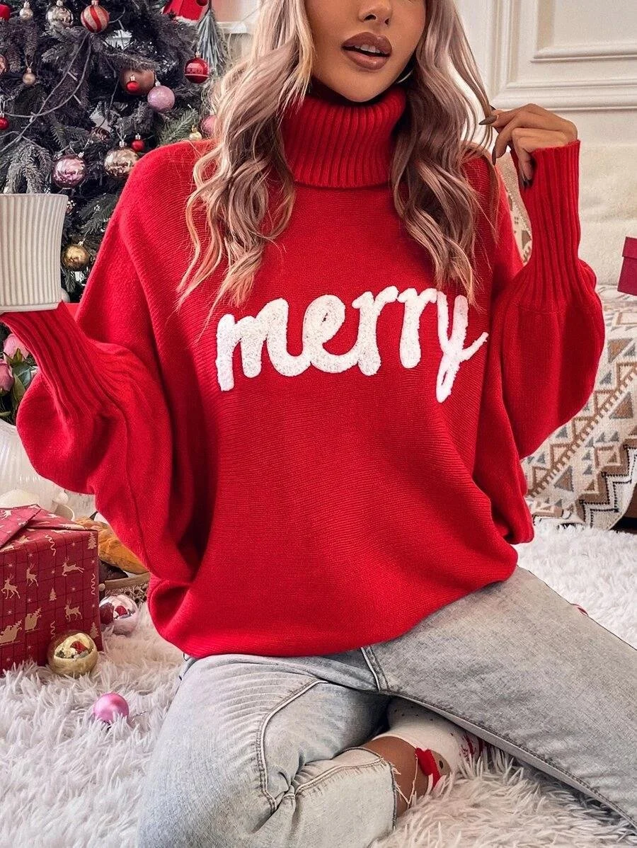 Women Yarn/Wool Yarn Text Letters Long Sleeve Comfy Casual Sweater