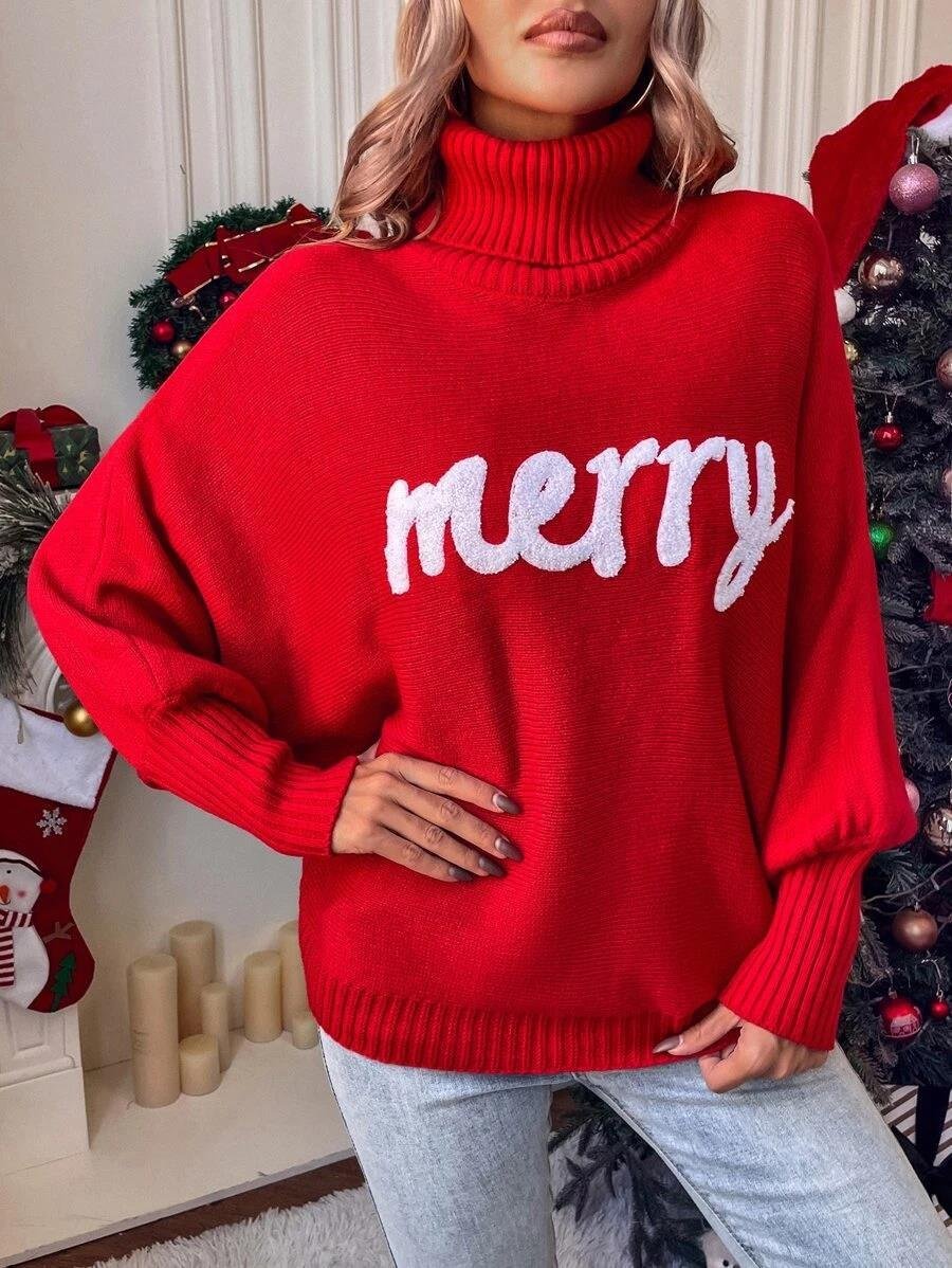 Women Yarn/Wool Yarn Text Letters Long Sleeve Comfy Casual Sweater