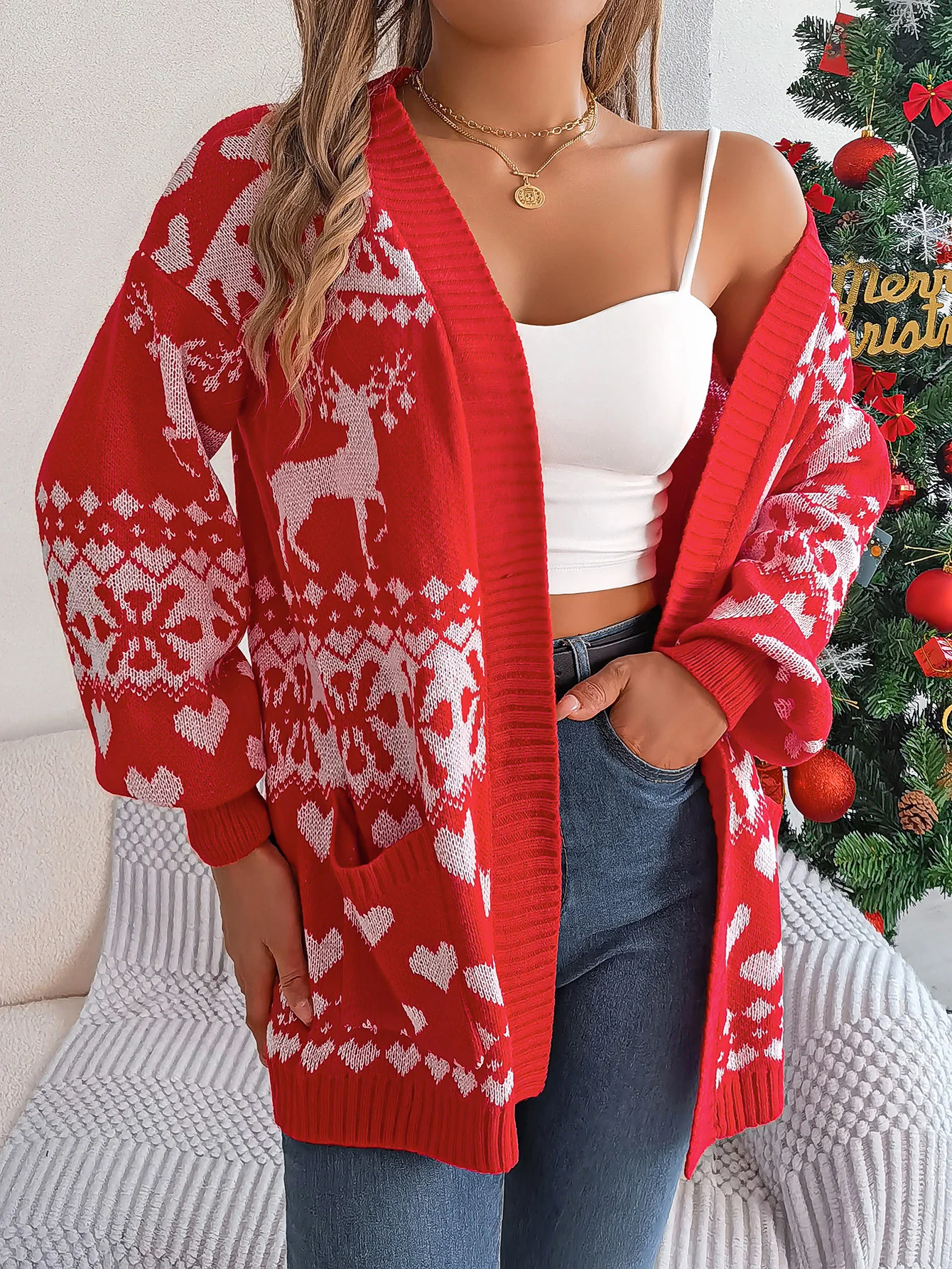 Women Wool/Knitting Christmas Long Sleeve Comfy Casual Cardigan