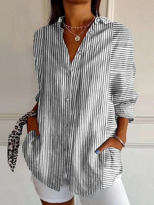 Shirt Collar Long Sleeve Striped Regular Loose Shirt For Women