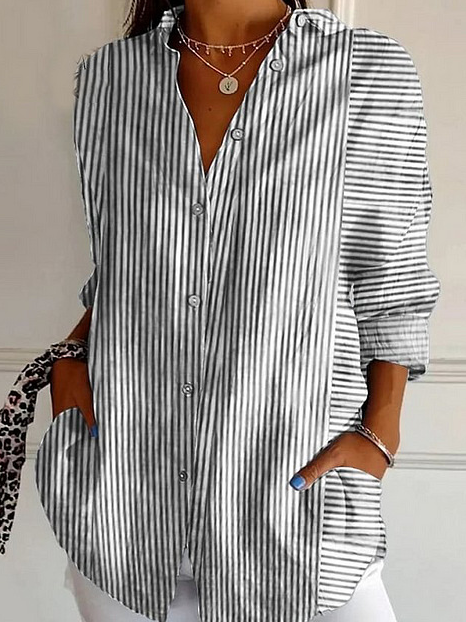 Shirt Collar Long Sleeve Striped Regular Loose Shirt For Women