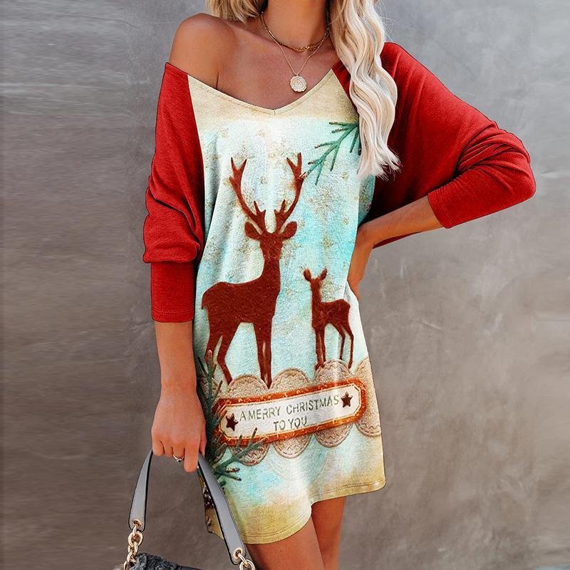 Women Christmas V Neck Long Sleeve Comfy Casual Mini Dress