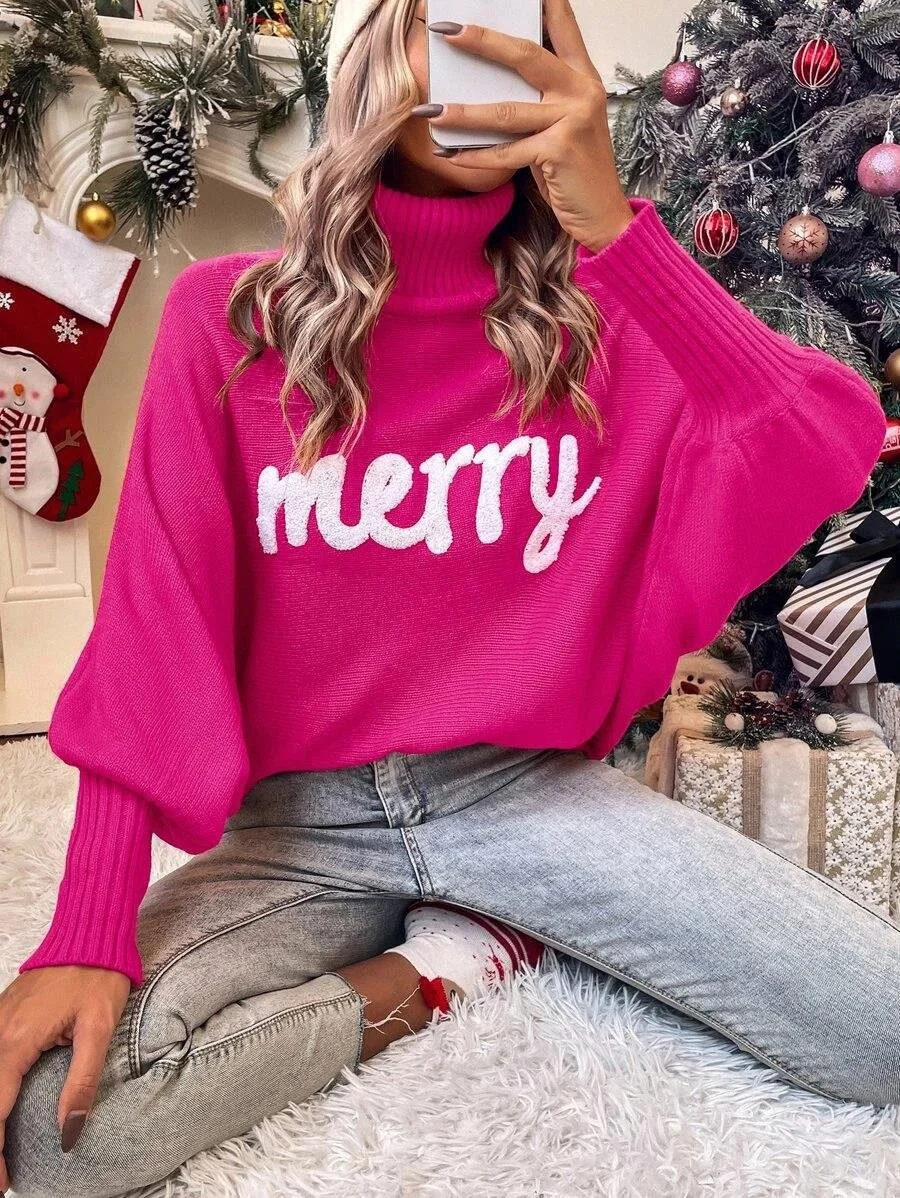 Women Yarn/Wool Yarn Text Letters Long Sleeve Comfy Casual Sweater