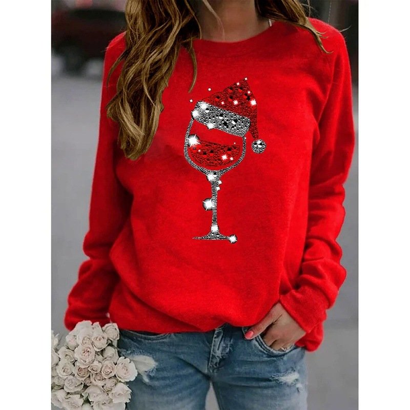 Crew Neck Long Sleeve Christmas Regular Micro-Elasticity Loose Blouse For Women