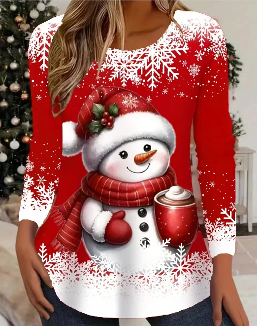 Casual Christmas Crew Neck Long Sleeve T-shirt