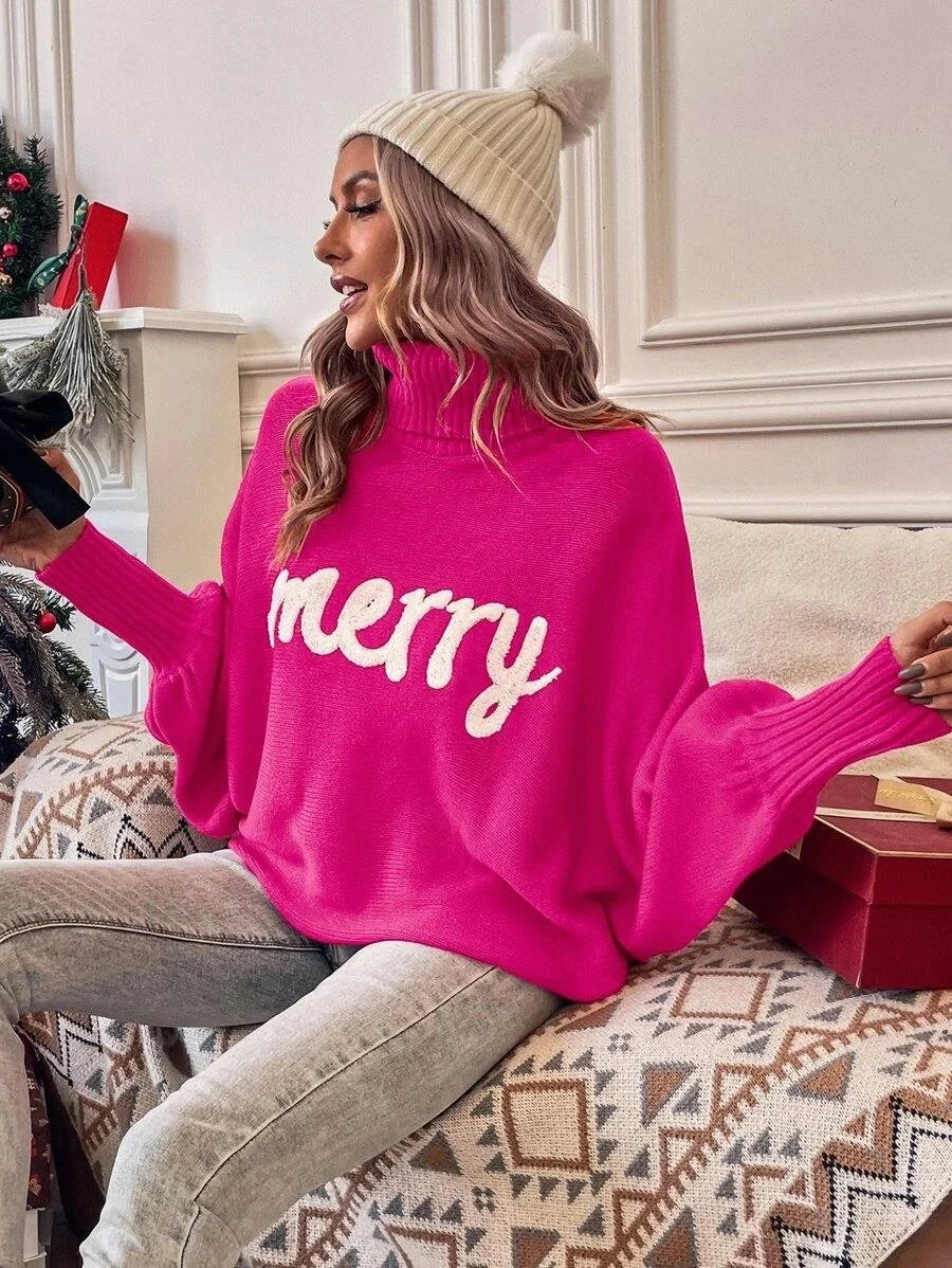 Women Yarn/Wool Yarn Text Letters Long Sleeve Comfy Casual Sweater