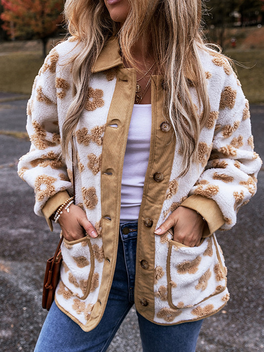 Women's Floral Sherpa Jacket Thicken Loose Teddy Jacket