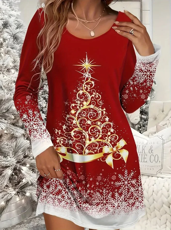 Women Christmas Crew Neck Long Sleeve Comfy Casual Mini Dress