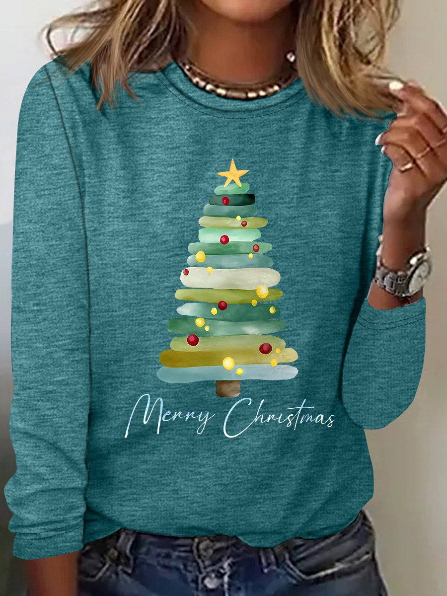 Casual Christmas Tree Crew Neck Long Sleeve T-shirt