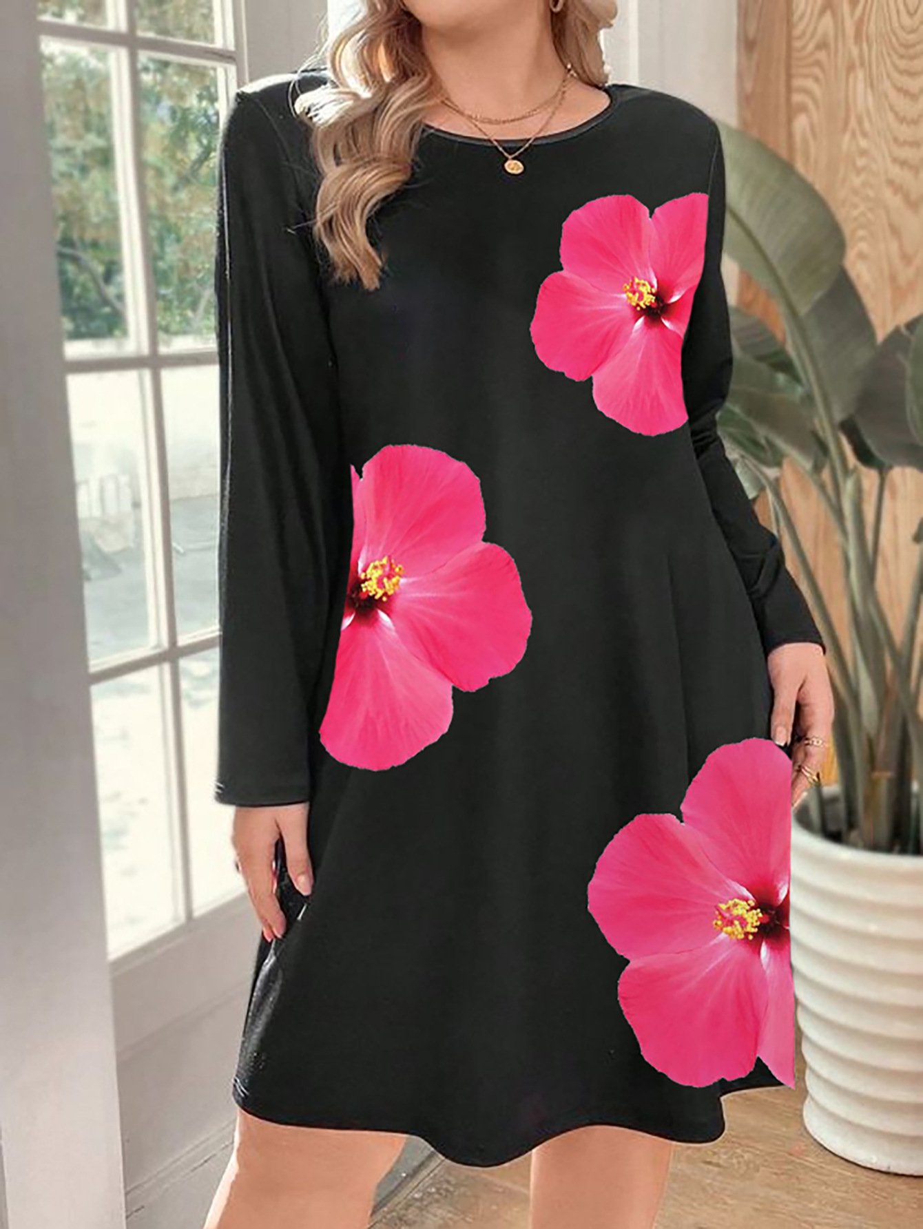 Women Floral Crew Neck Long Sleeve Comfy Casual Midi Dress