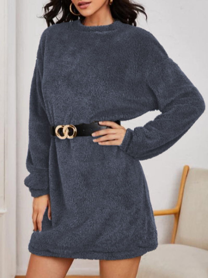 Women Plain Crew Neck Long Sleeve Comfy Casual Midi Dress