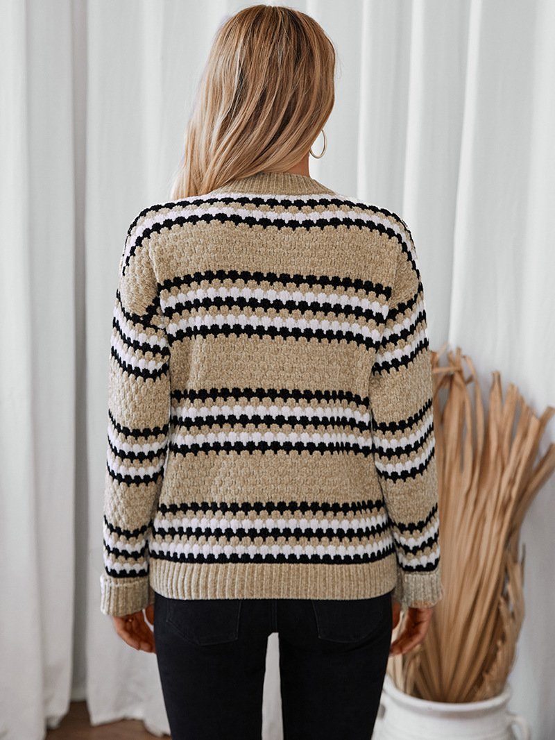 Women Yarn/Wool Yarn Striped Long Sleeve Comfy Casual Sweater