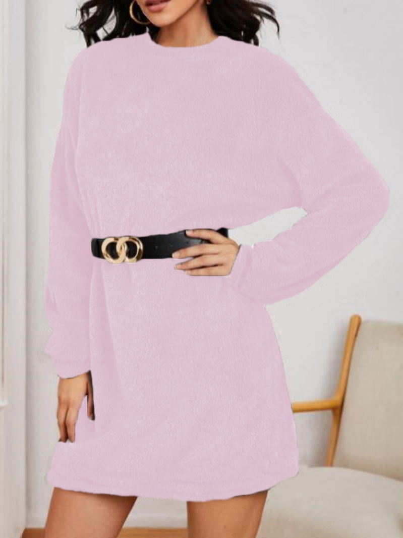 Women Plain Crew Neck Long Sleeve Comfy Casual Midi Dress