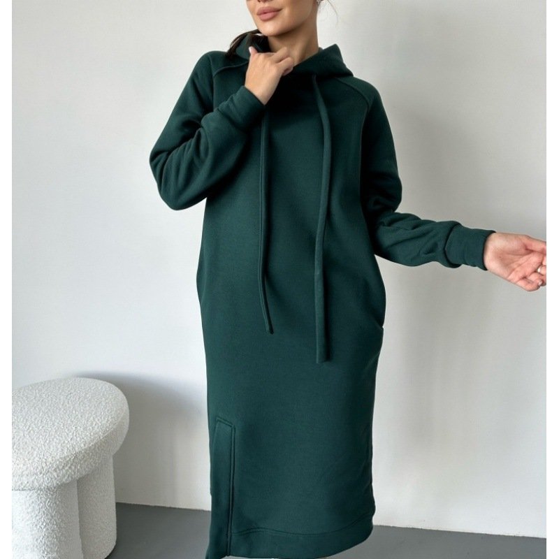 Women Plain Hoodie Long Sleeve Comfy Casual Midi Dress