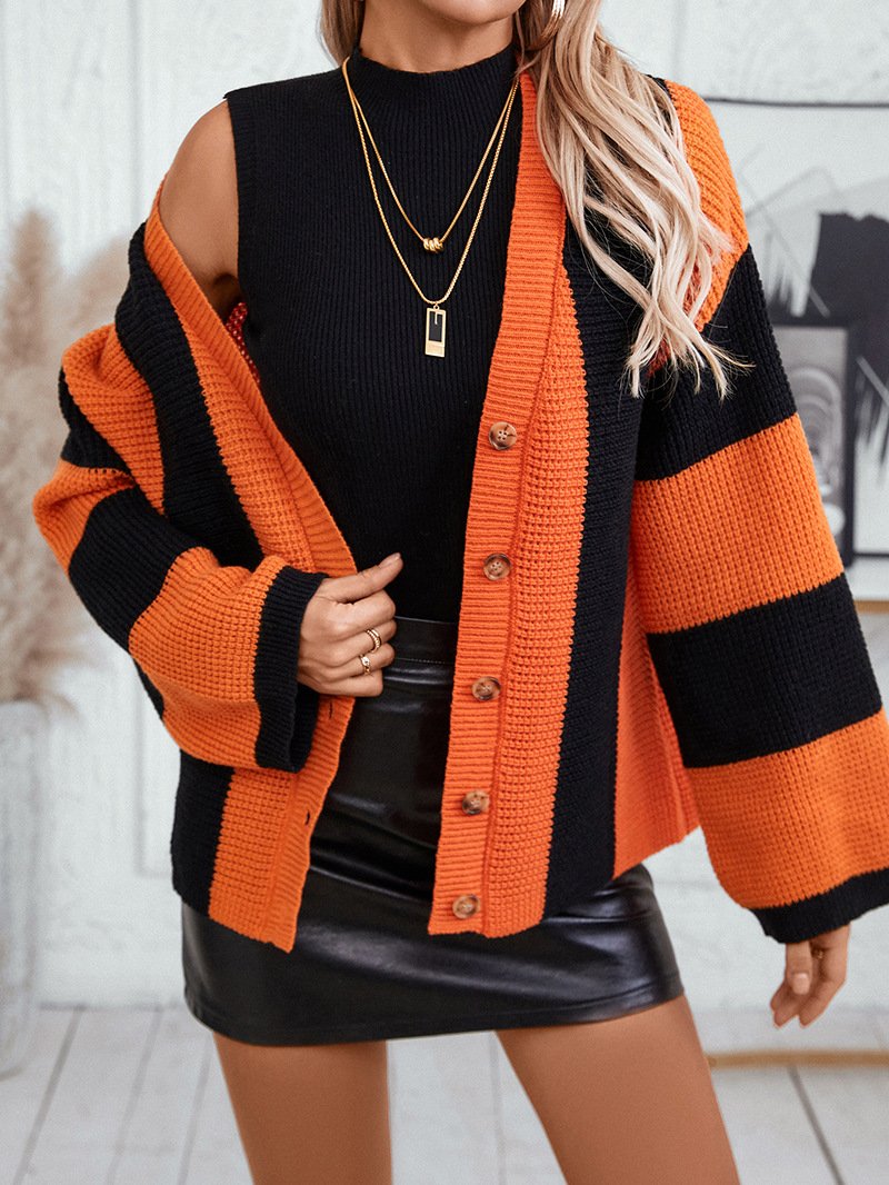 Women Wool/Knitting Striped Long Sleeve Comfy Casual Cardigan