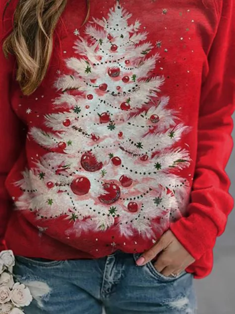 Casual Crew Neck Christmas Tree Sweatshirt Zipper