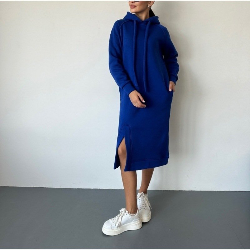 Women Plain Hoodie Long Sleeve Comfy Casual Midi Dress