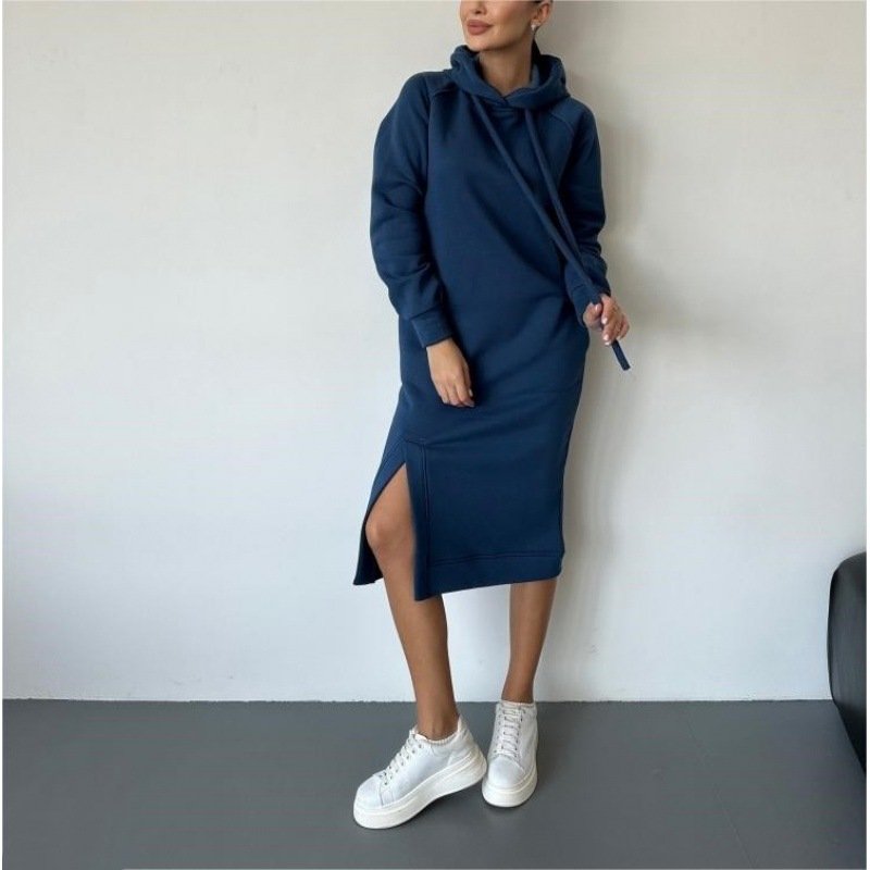 Women Plain Hoodie Long Sleeve Comfy Casual Midi Dress