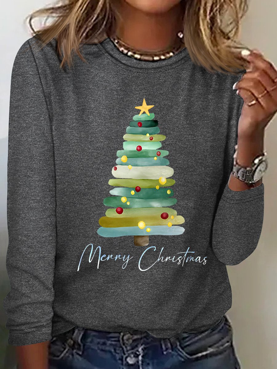 Casual Christmas Tree Crew Neck Long Sleeve T-shirt