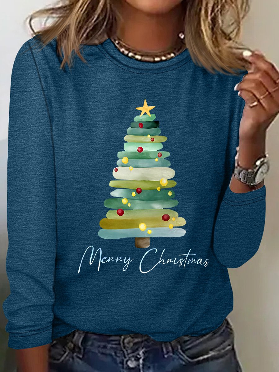 Casual Christmas Tree Crew Neck Long Sleeve T-shirt