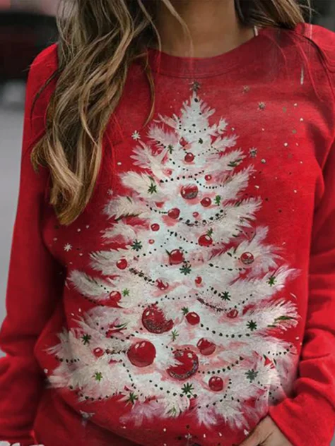 Casual Crew Neck Christmas Tree Sweatshirt Zipper