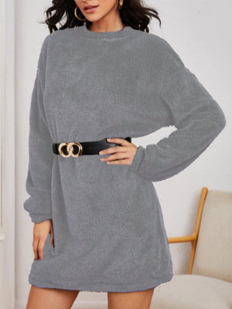 Women Plain Crew Neck Long Sleeve Comfy Casual Midi Dress