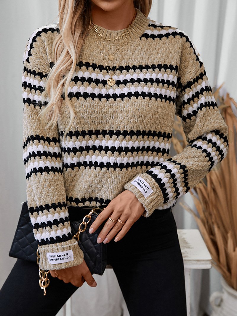 Women Yarn/Wool Yarn Striped Long Sleeve Comfy Casual Sweater