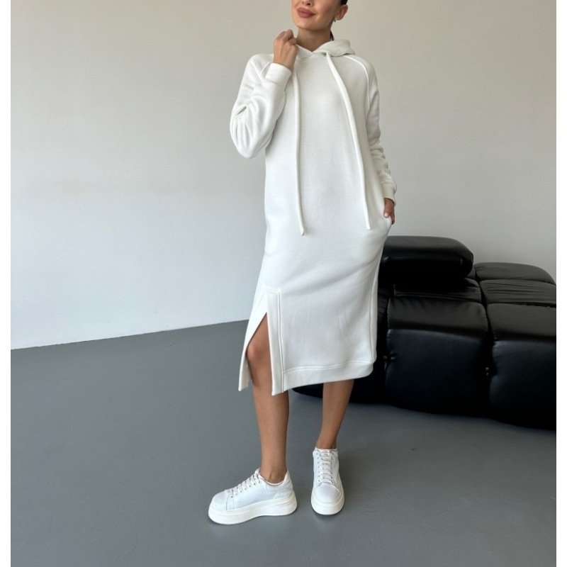 Women Plain Hoodie Long Sleeve Comfy Casual Midi Dress