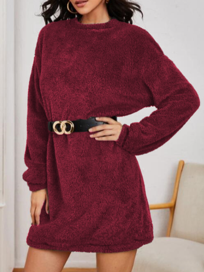 Women Plain Crew Neck Long Sleeve Comfy Casual Midi Dress