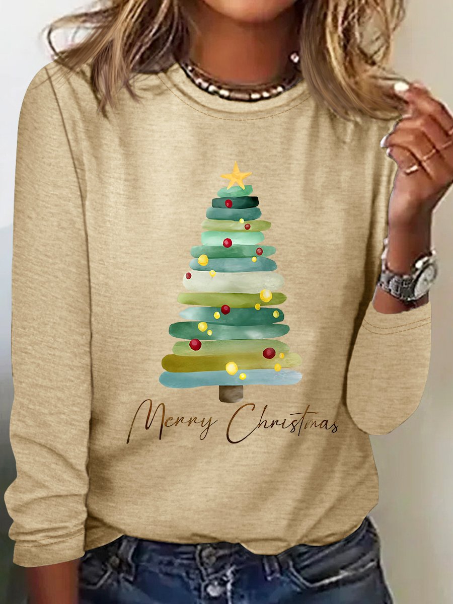 Casual Christmas Tree Crew Neck Long Sleeve T-shirt