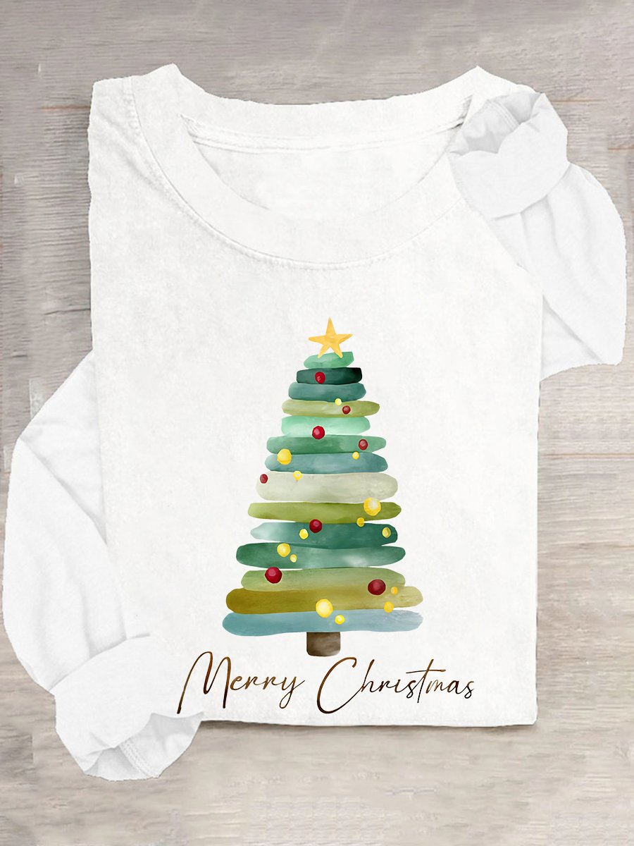 Casual Christmas Tree Crew Neck Long Sleeve T-shirt