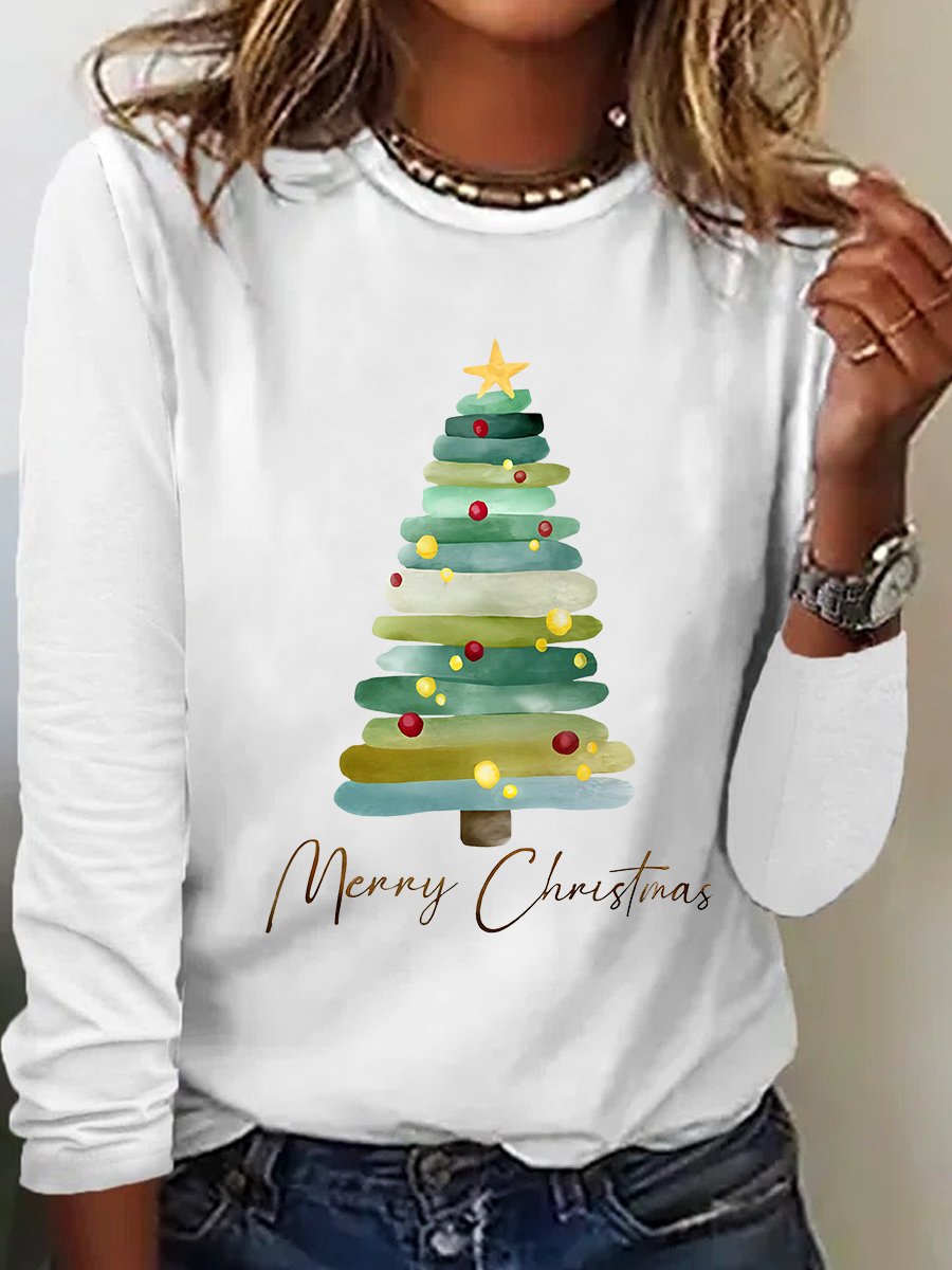 Casual Christmas Tree Crew Neck Long Sleeve T-shirt