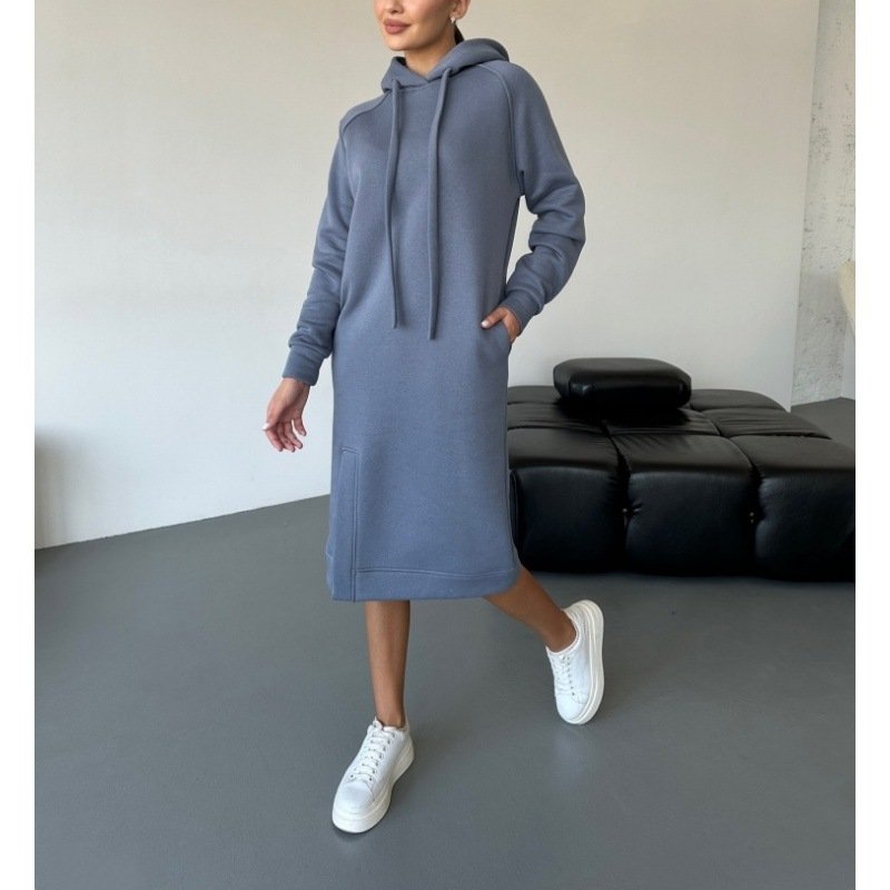 Women Plain Hoodie Long Sleeve Comfy Casual Midi Dress