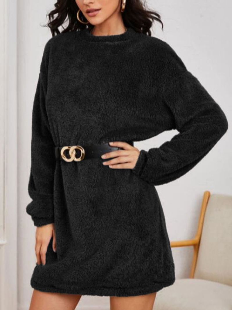 Women Plain Crew Neck Long Sleeve Comfy Casual Midi Dress