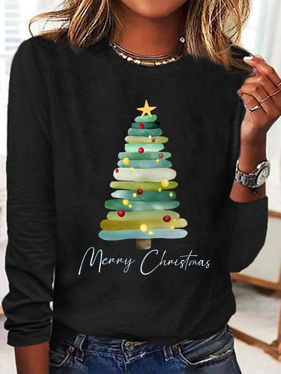 Casual Christmas Tree Crew Neck Long Sleeve T-shirt