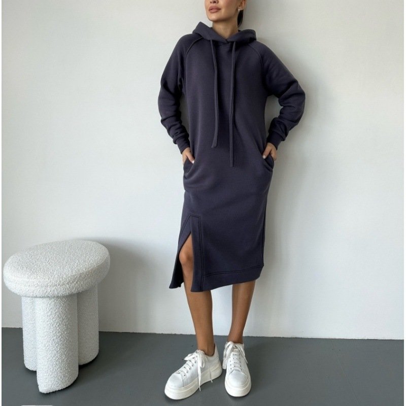 Women Plain Hoodie Long Sleeve Comfy Casual Midi Dress