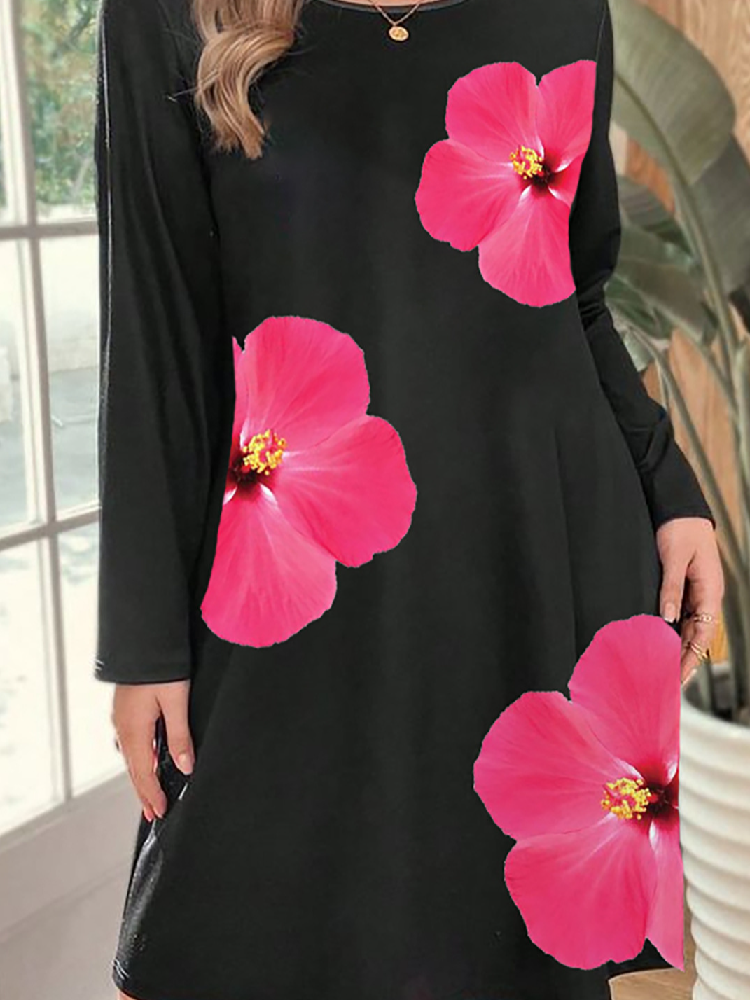 Women Floral Crew Neck Long Sleeve Comfy Casual Midi Dress