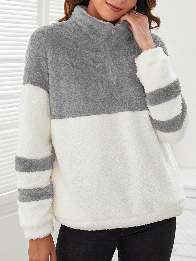 Casual Shawl Collar Color Block Sweatshirt Zipper