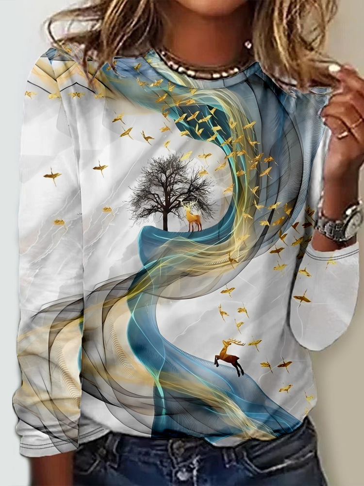 Casual Abstract Crew Neck Long Sleeve T-shirt