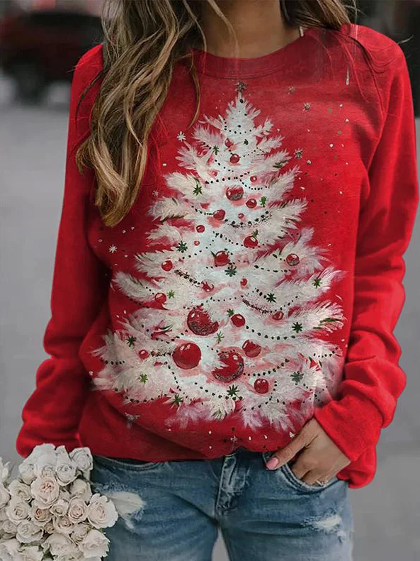 Casual Crew Neck Christmas Tree Sweatshirt Zipper