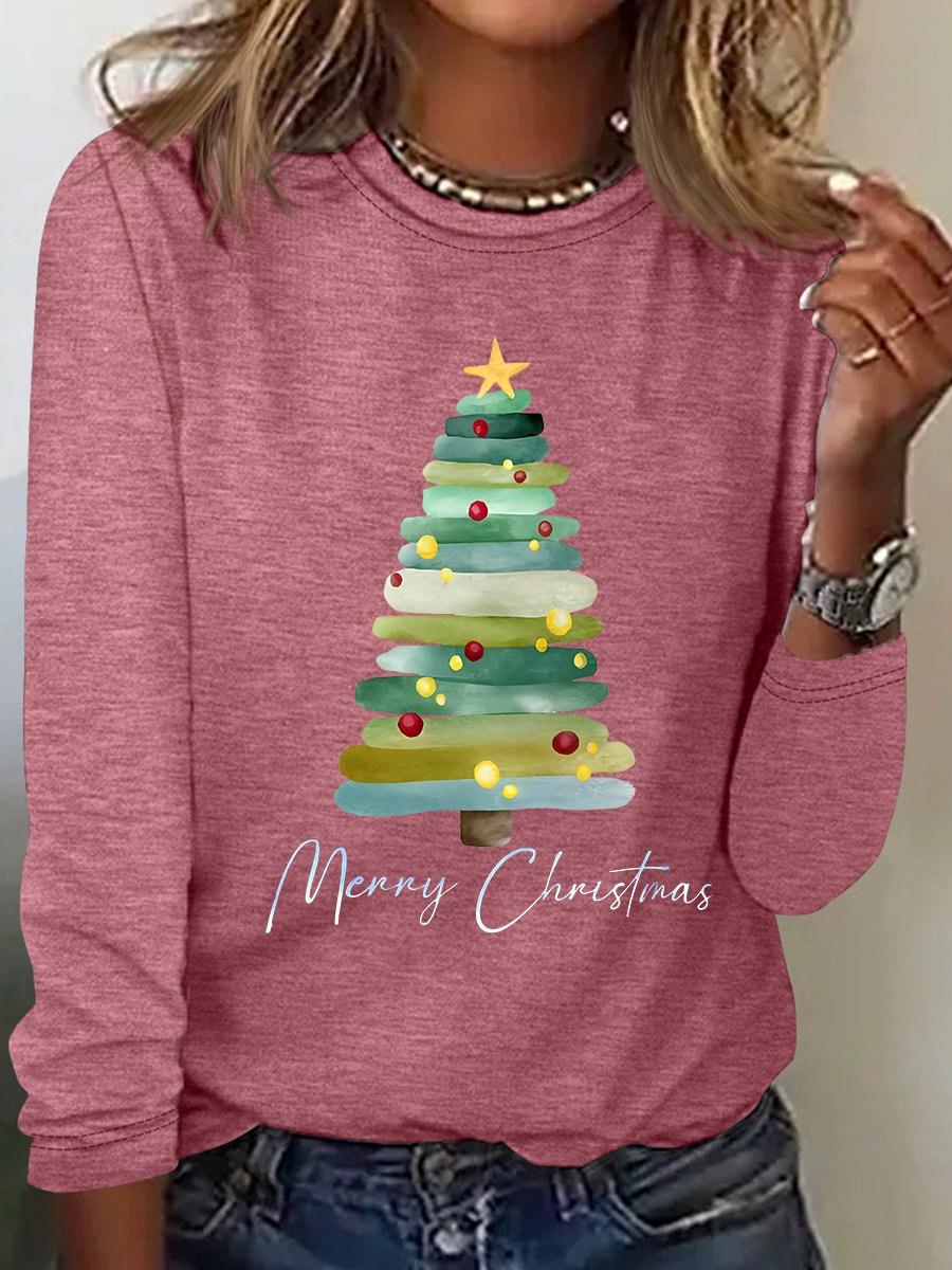 Casual Christmas Tree Crew Neck Long Sleeve T-shirt