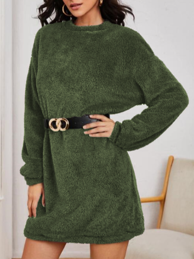 Women Plain Crew Neck Long Sleeve Comfy Casual Midi Dress